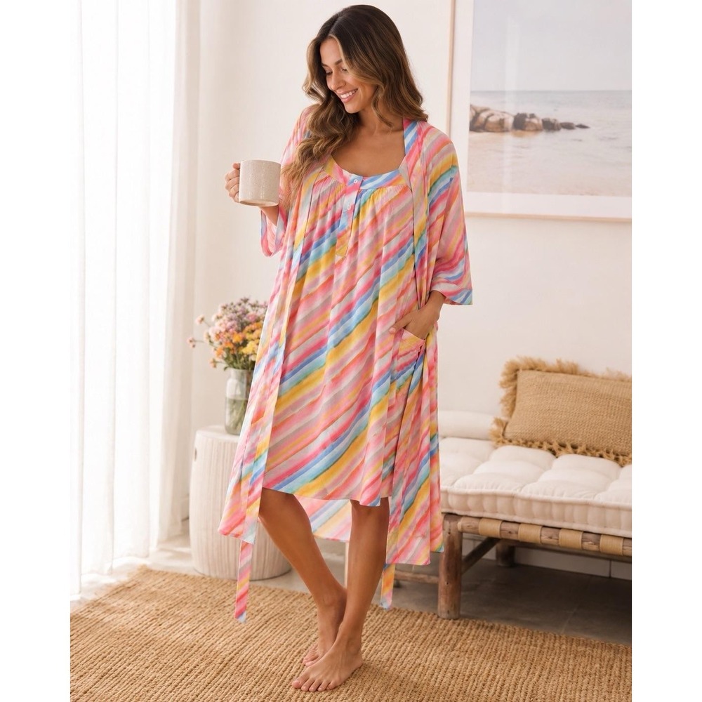 Papinelle Sophie Stripe Cotton Robe & Nightgown Set NWT Small Sorbet Pink